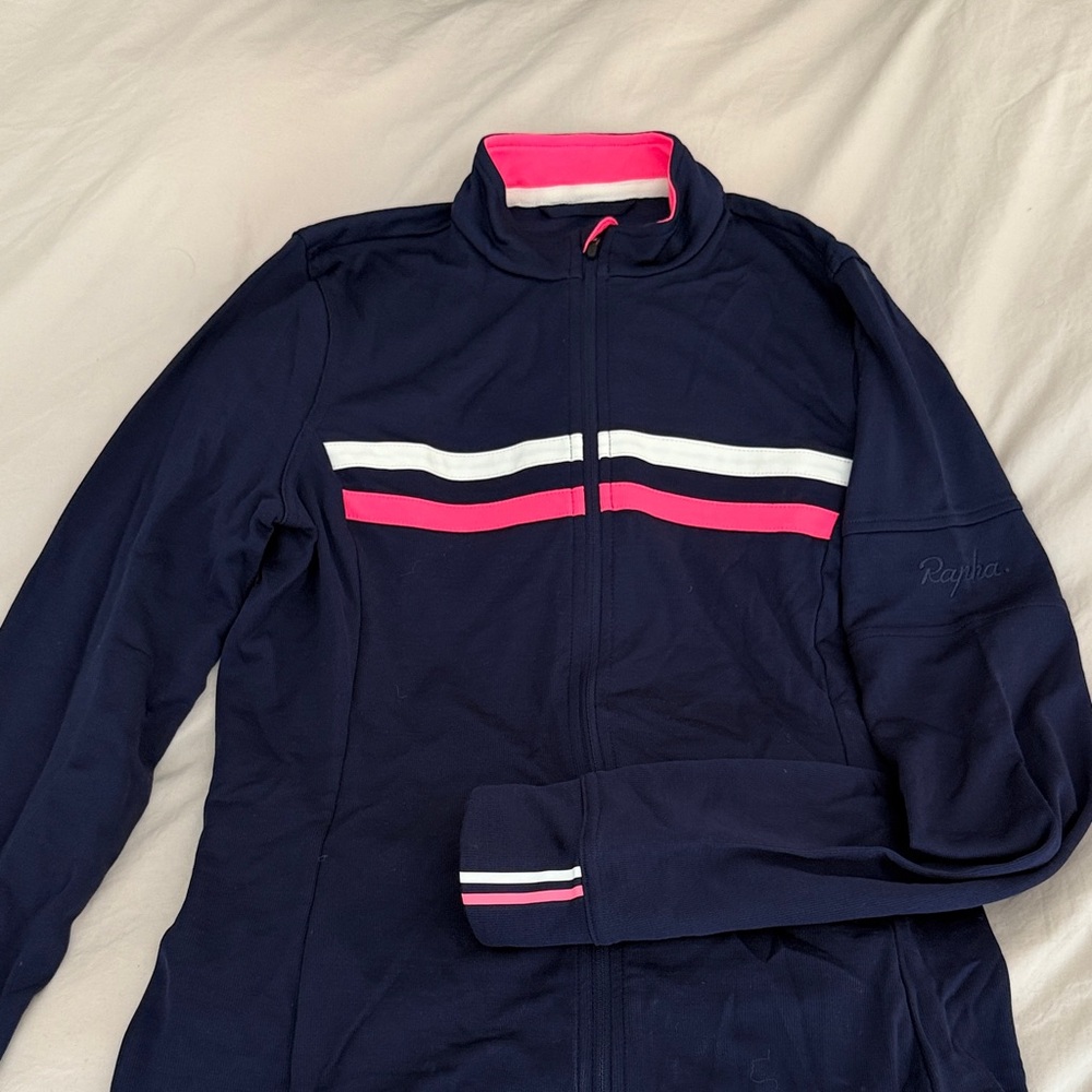 Rapha Women's Dark Blue Jacket with Pink and White Stripes